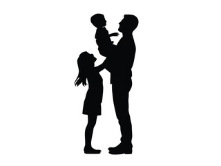 vector silhouette of a father carrying his son and another daughter standing