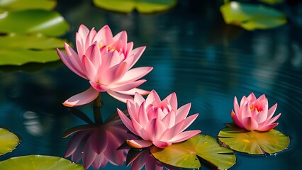 pink water lilies in the pond and clear blue water