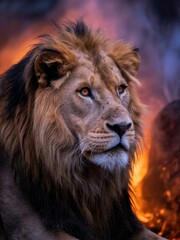 Fototapeta premium Majestic male lion fiery sunset african wildlife
