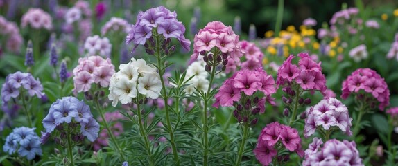 Colorful flowers in a garden with purple, pink, white, and yellow blossoms, creating a vibrant and lively scene of blooming plants.