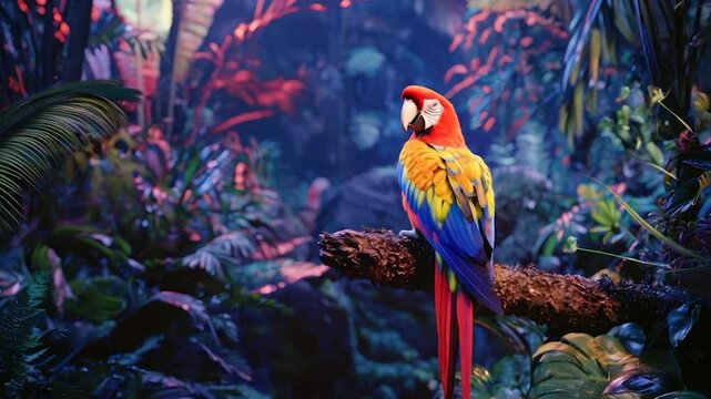 Vibrant parrot in a lush, tropical jungle.  A colorful macaw perched on a branch amidst dense foliage.  Mystical, vibrant colors fill the scene