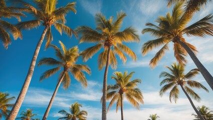 Fototapeta premium Cluster of tall palm trees against a blue sky with scattered clouds.