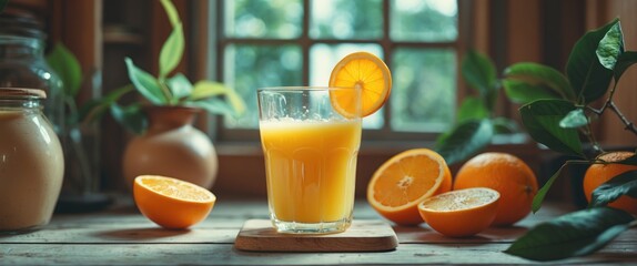 Naklejka premium A glass of fresh orange juice with slices of orange and lemon on a rustic table, surrounded by green plants in a cozy indoor setting.