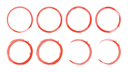 Eight red watercolor circles arranged in two rows on a white background with visible brush strokes