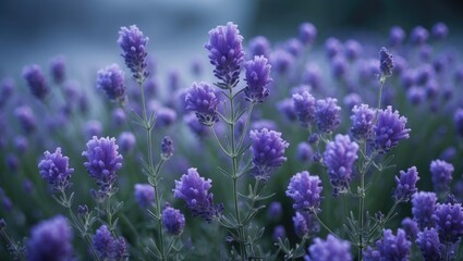 Obraz premium Lavender flowers in a garden with purple blooms and green leaves. Nature and floral scenery. Aromatic and calming plants. The concept of herbal and garden relaxation.