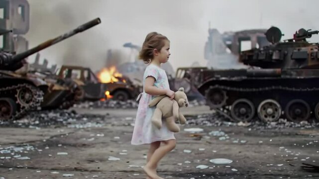 Child in War Zone Walking Among Ruins with Teddy Bear