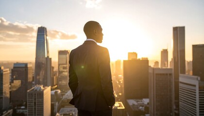 Naklejka na ściany i meble Businessman views cityscape at sunset