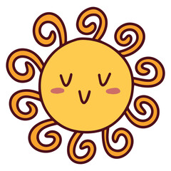 Yellow sun with curled spiral rays and closed eyes, peaceful hand-drawn face with decorative artistic lines
