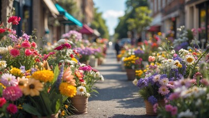 Fototapeta premium Street filled with potted flowers and blooming plants along the sidewalk. Blooming garden, floral display, vibrant colors. The scene captures a lively and colorful outdoor floral market.