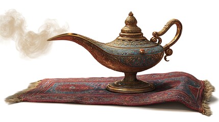 Aladdin's lamp on the magic carpet on isolated background. .