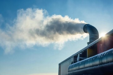 White smoke billowing from a large truck's exhaust pipe highlights the cold winter weather and raises concerns about emissions and pollution