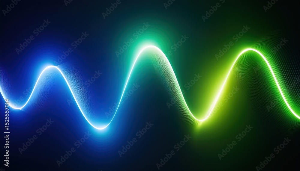Poster  dynamic neon waveform in blue and green on black background with glowing gradients and light trails for tech branding, music visuals, and digital design asset