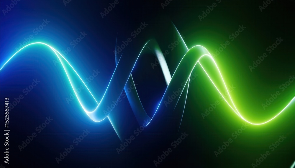 Poster  dynamic neon waveform in blue and green on black background with glowing gradients and light trails for tech branding, music visuals, and digital design asset
