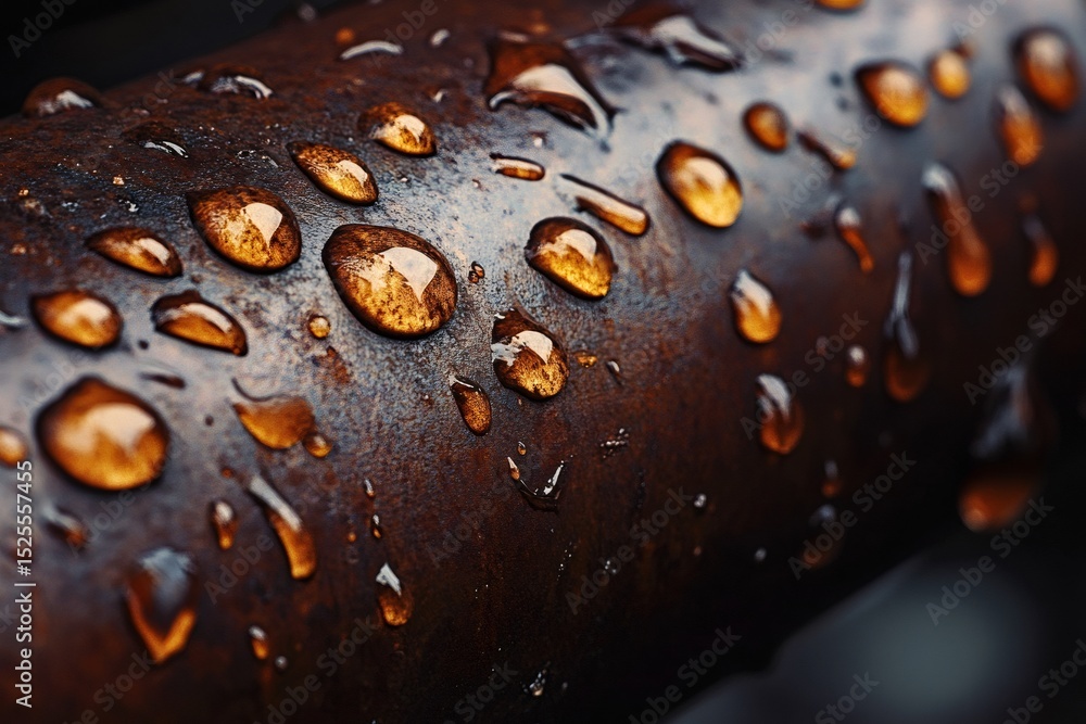 Poster macro shot of water drops reflecting warm light on a rusty metal pipe, highlighting the texture and 