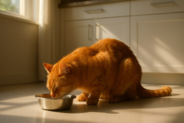 A beautiful ginger cat enjoys its meal from a shiny metal bowl in the kitchen