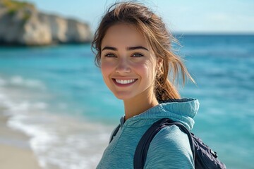 Smiling woman walking along a quiet beach enjoying the sun and sea breeze