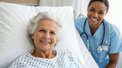 Fototapeta premium Caring hospital scene with smiling elderly patient and cheerful nurse - healthcare compassion and medical care professional interaction 