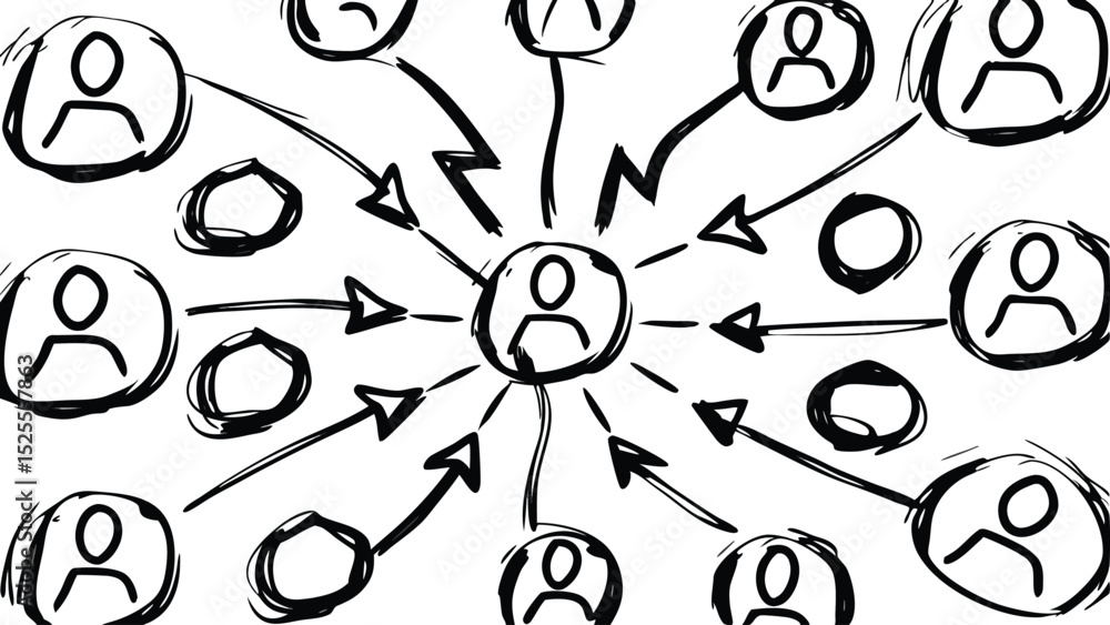 Poster network diagram displaying a central figure connected to multiple surrounding individuals and shapes