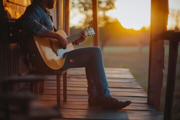 Country musician playing acoustic guitar sitting on a wooden porch of a house in the countryside at sunset