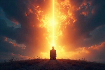 A lone figure kneels before a bright, ethereal light, symbolizing hope, faith, and spiritual guidance towards redemption and a path to peace , divine light, destination