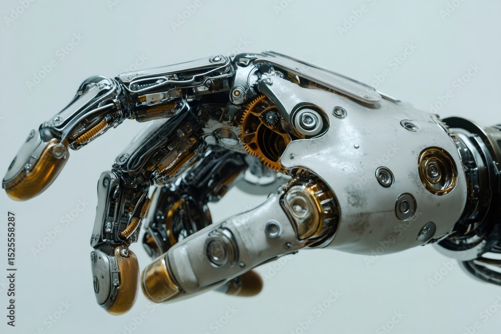 Poster close up of a robotic hand showing complex internal mechanisms, gears, and levers as it performs a p