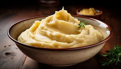 a vintage ceramic bowl filled with creamy buttery mashed potatoes with a well in the center holding a pool of rich golden gravy the surface has delicate swirls showing the smooth texture