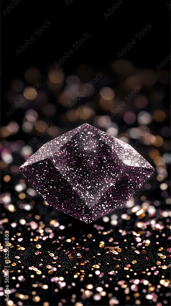 Poster pink glittering crystal shape floating over scattered sparkles on dark background with bokeh lights,