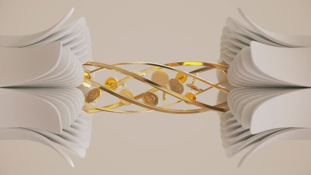Seamless loop of gold Bitcoin and dollar coins transferring through an abstract structure. For fintech, blockchain transactions, and digital currency exchange. 4K UHD 3D animation.