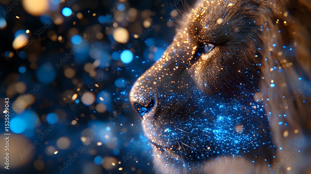 Poster profile view against dark background with glowing blue particles and bokeh lights creating magical a