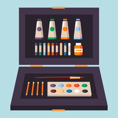 Vector illustration of professional art supply box with brushes tubes and palette for artists