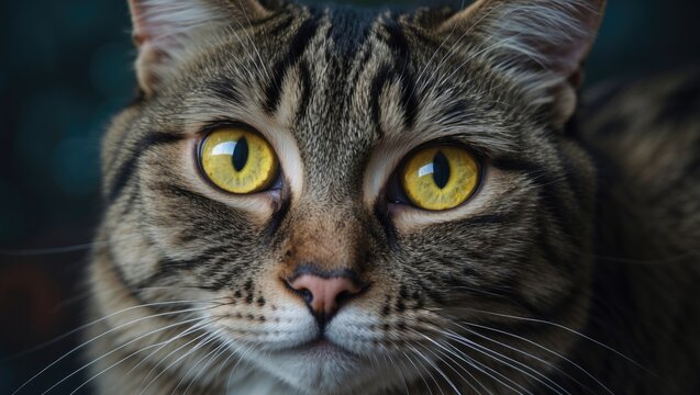 Close-up of a cat with yellow eyes and tabby markings.