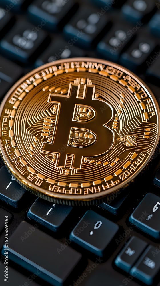 Poster golden cryptocurrency coin on black computer keyboard showing digital currency symbol and circuit pa