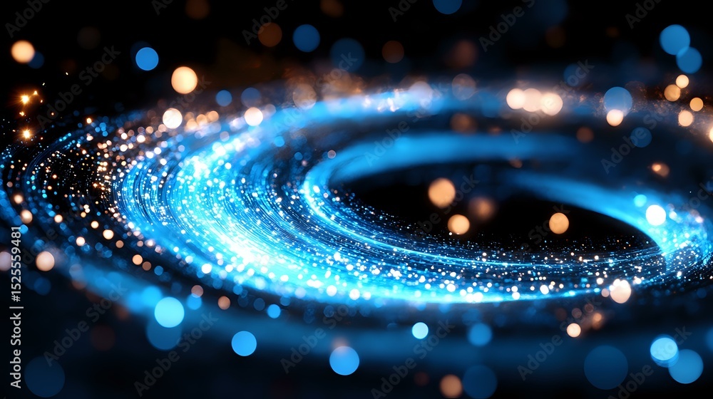 Poster glowing blue spiral of light particles with bokeh effect on dark background creates dynamic motion t