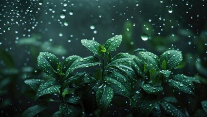 Fototapeta premium Green plant with water droplets, rain, and moisture on leaves. Nature, growth, and freshness concept. The image of thriving flora in wet weather.
