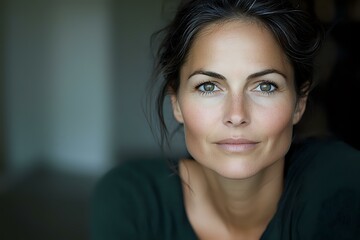 Close up portrait of confident middle aged woman with natural makeup and dark hair smiling at camera against dark background, wellness and beauty concept.