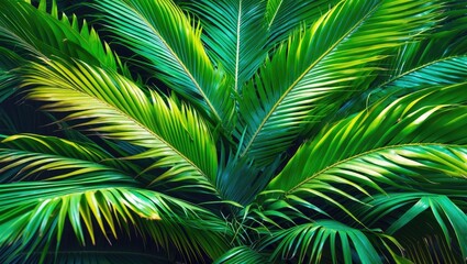 Fototapeta premium Lush green palm leaves with vibrant sunlight highlighting their textures and details. Tropical foliage, nature, and lush plant life.