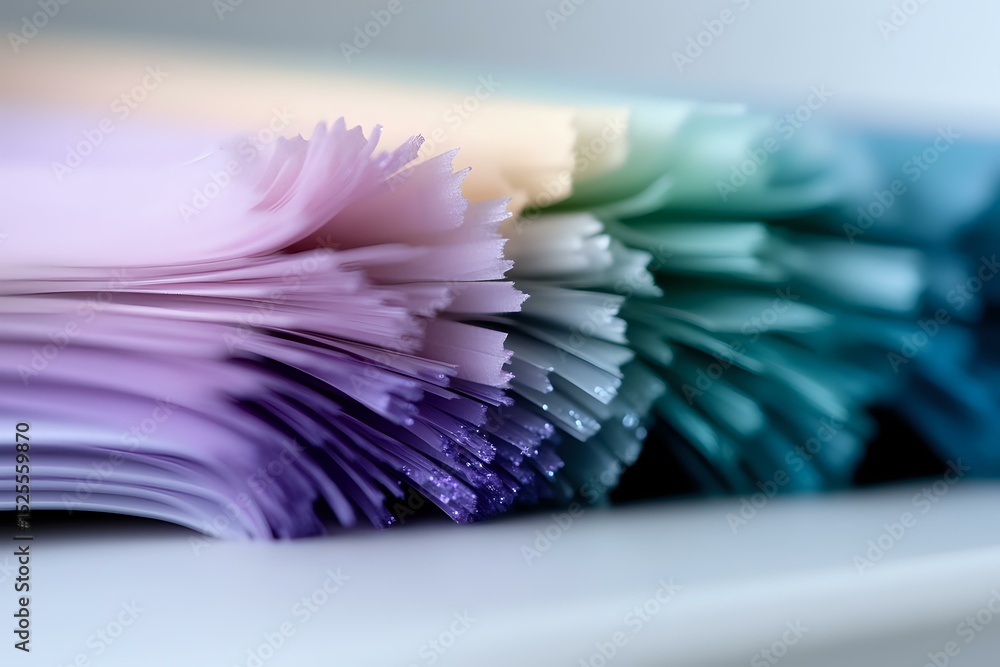 Poster macro shot of colorful paper sheets stacked in gradient from pink to turquoise, creating abstract wa