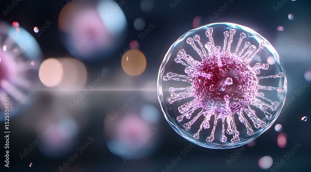 Poster microscopic view of pink virus cell with spiky surface floating in dark background with bokeh lights