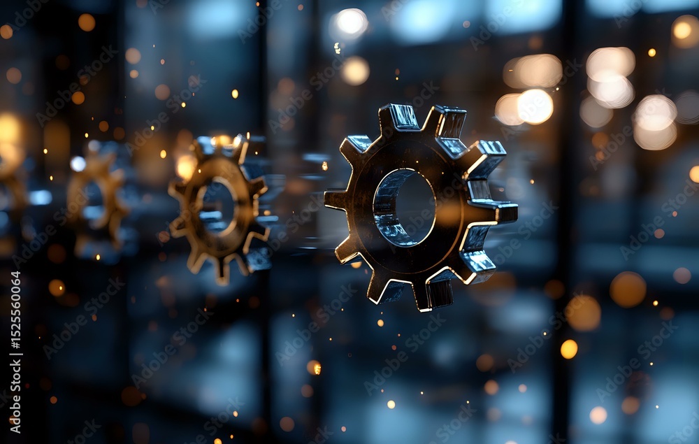 Poster metallic gear wheels floating in dark space with glowing bokeh lights and particles, symbolizing mec