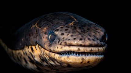 A focused close-up of an electric eel face with skin texture, mouth and eyes in sharp detail, isolated on black background with dramatic lighting