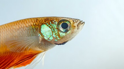 A sharp view of a guppy fish face with translucent fins, eye detail and smooth texture, focused on a clean white background