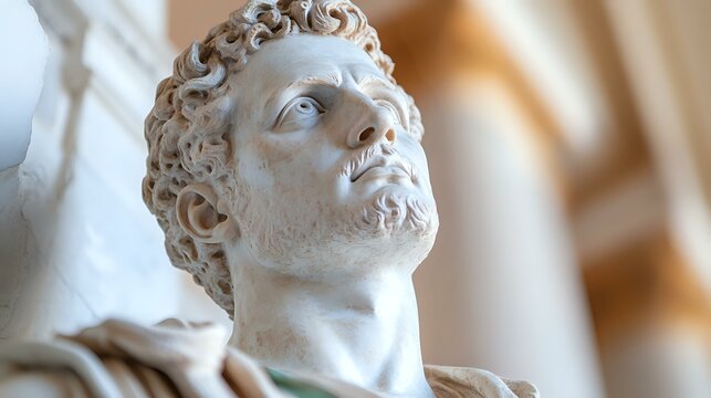 White marble sculpture of bearded man with curly hair looking upward, classical Roman style bust against blurred architectural background. Dramatic lighting highlights facial details.