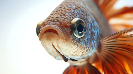 Extreme close-up of a betta fish face showing flowing fin base, eyes and scales, bright white background and clear lighting