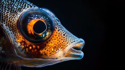 Extreme macro of a lanternfish face with glowing detail, large eyes and scale shimmer, sharp light on black background