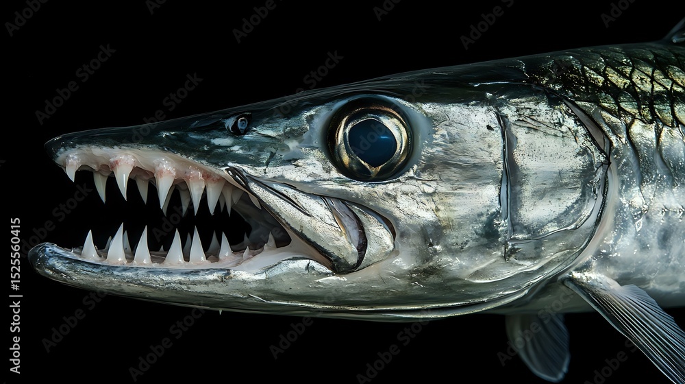 Poster macro of a barracuda face showing sharp teeth, mouth structure and scale patterns, isolated on a bla