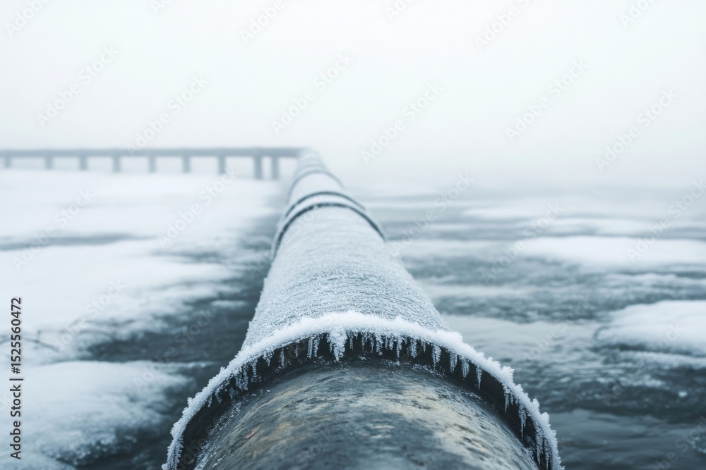 Poster close up of a large pipeline covered in frost, stretching across a frozen landscape towards a bridge
