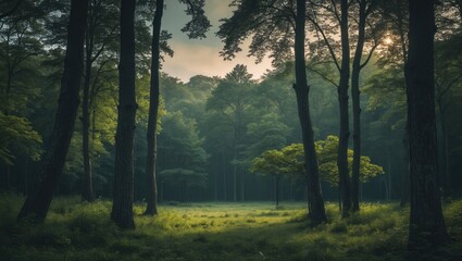 Fototapeta premium A dense forest scene with tall trees and lush greenery, illuminated by the soft light of the sun filtering through the canopy.