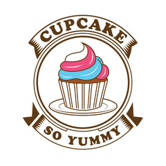 Vintage Cupcake Logo with Colorful Frosting and Decorative Ribbon Text