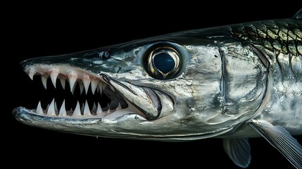 Macro of a barracuda face showing sharp teeth, mouth structure and scale patterns, isolated on a black background