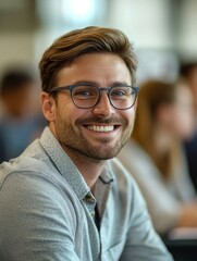 A young man with glasses smiling, likely in a professional or educational setting.